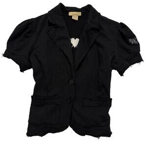 VTG Y2K Black And Silver Heart Graphic Distressed Short Sleeve Sweater Top S